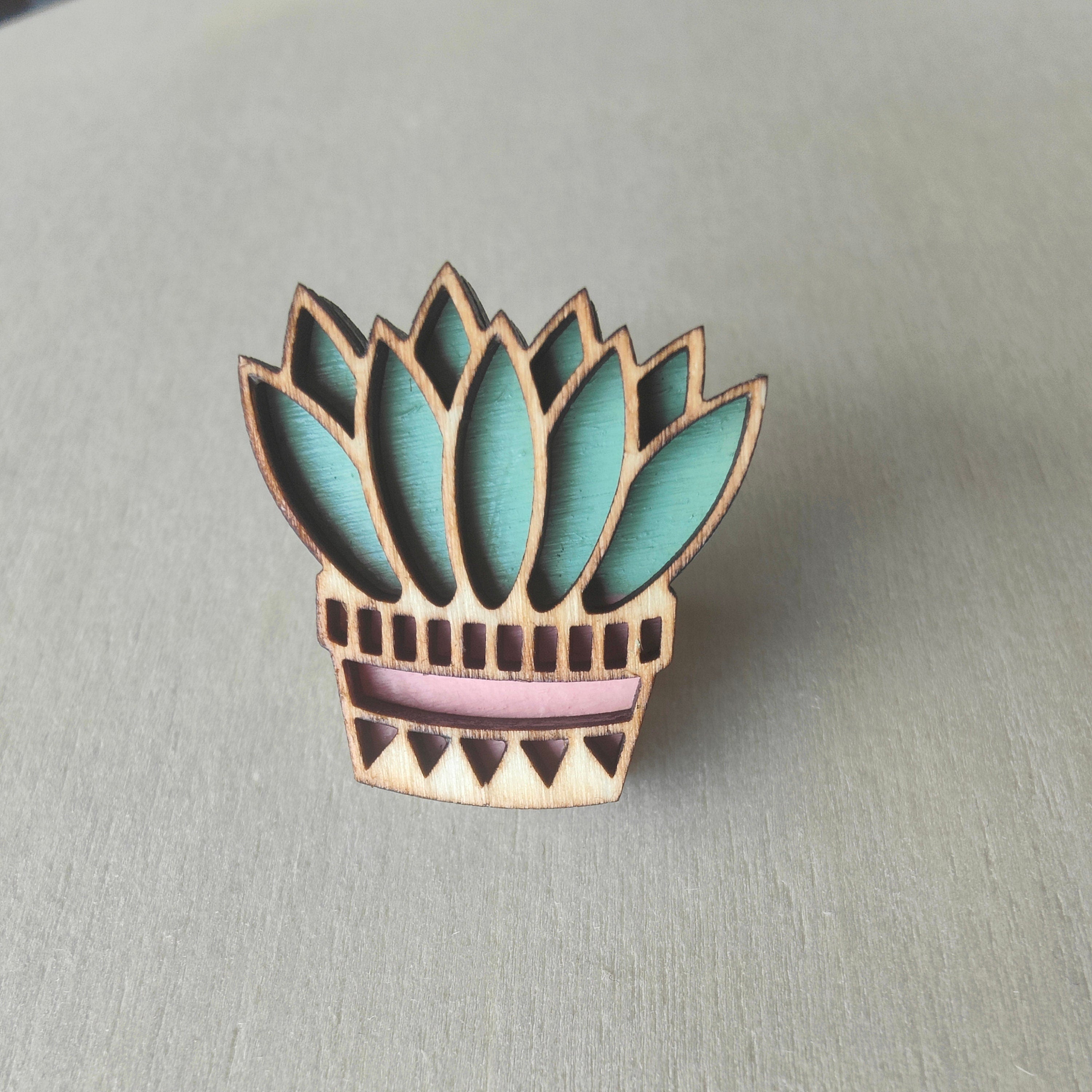 Wooden Succulent Pin: Hand-Painted Plant Brooch