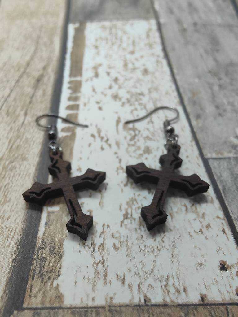 Fleury Cross Earrings: Walnut Wood Gothic Dangle Jewellery