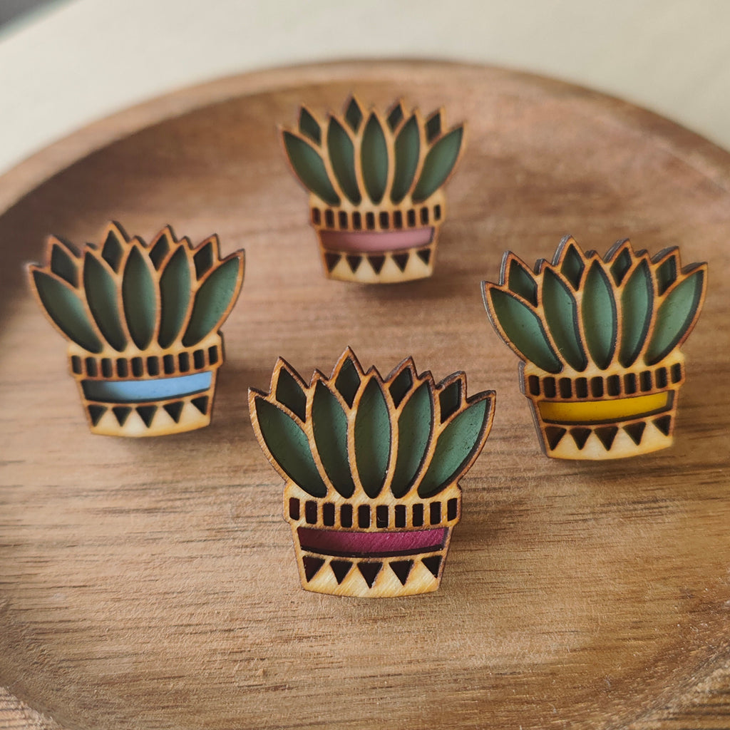 Wooden Succulent Pin: Hand-Painted Plant Brooch