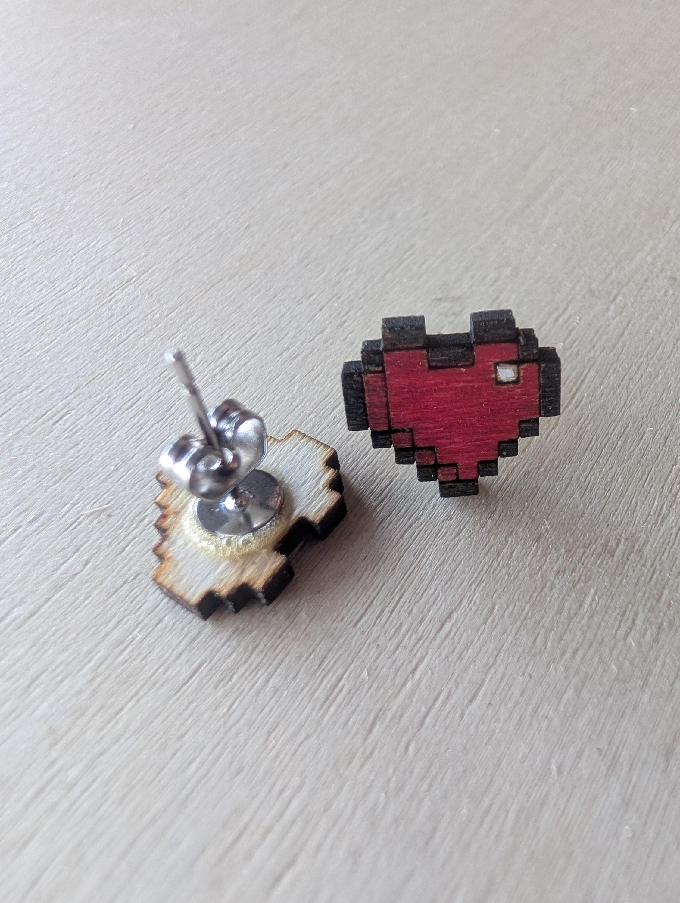 Wooden Pixel Heart Stud Earrings: Gamer Jewellery