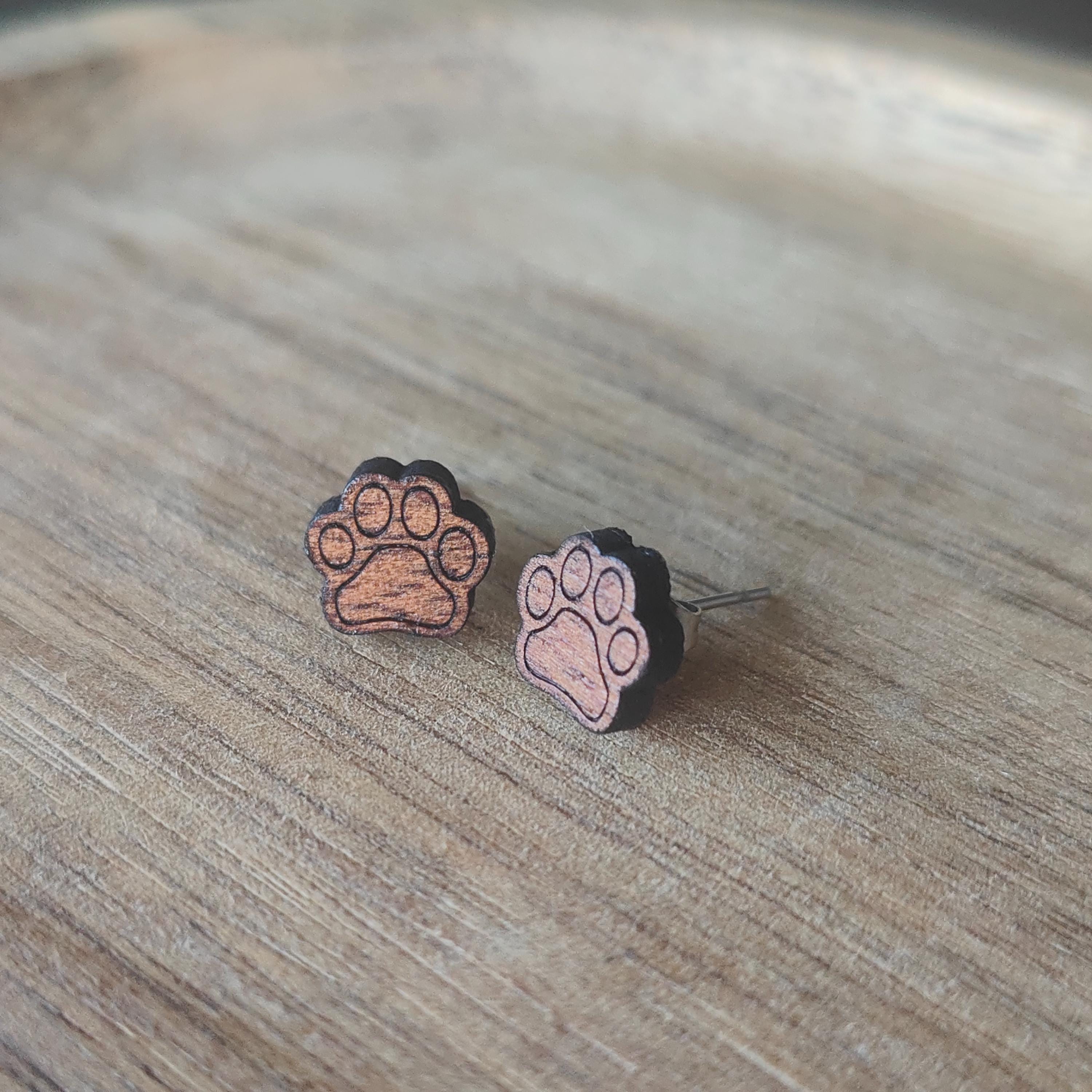 Mahogany Paw Print Stud Earrings: Laser Cut Wooden Jewellery