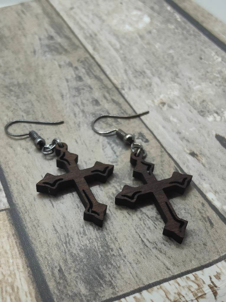 Fleury Cross Earrings: Walnut Wood Gothic Dangle Jewellery