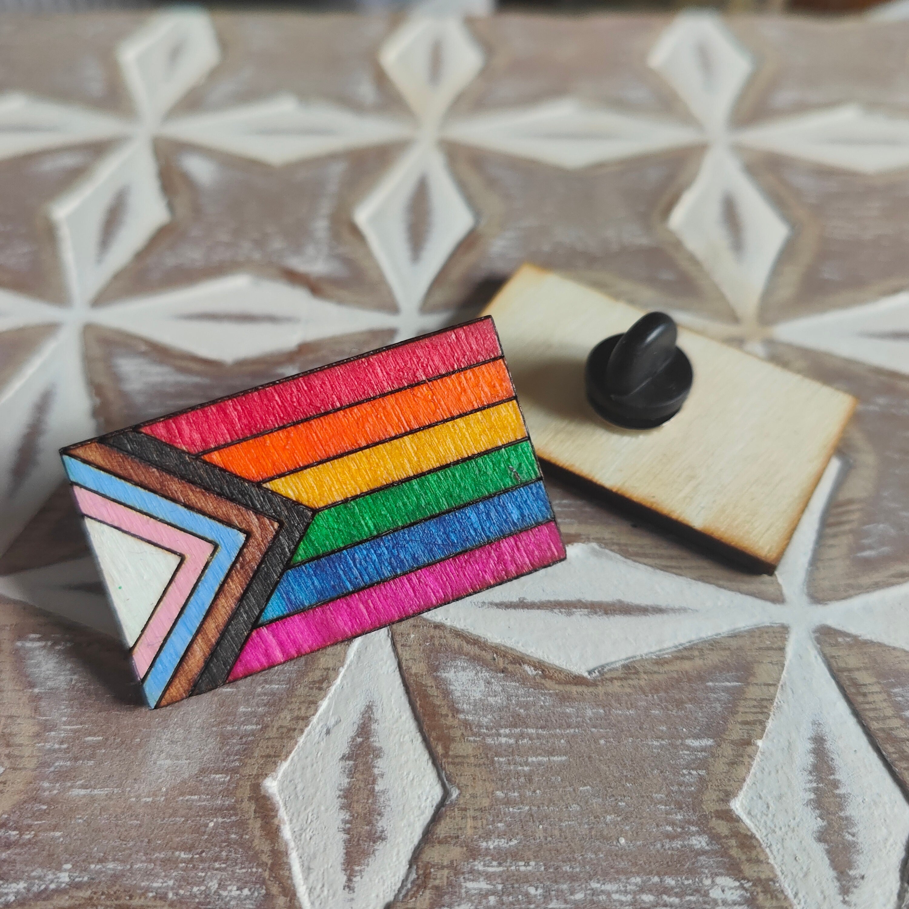Wooden heart progress pride flag pin badge, LGBTQ+
