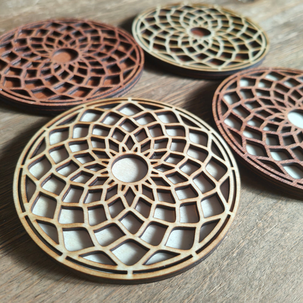 Geometric Mandala Wooden Coasters: Spiritual Home Decor, Set of 4