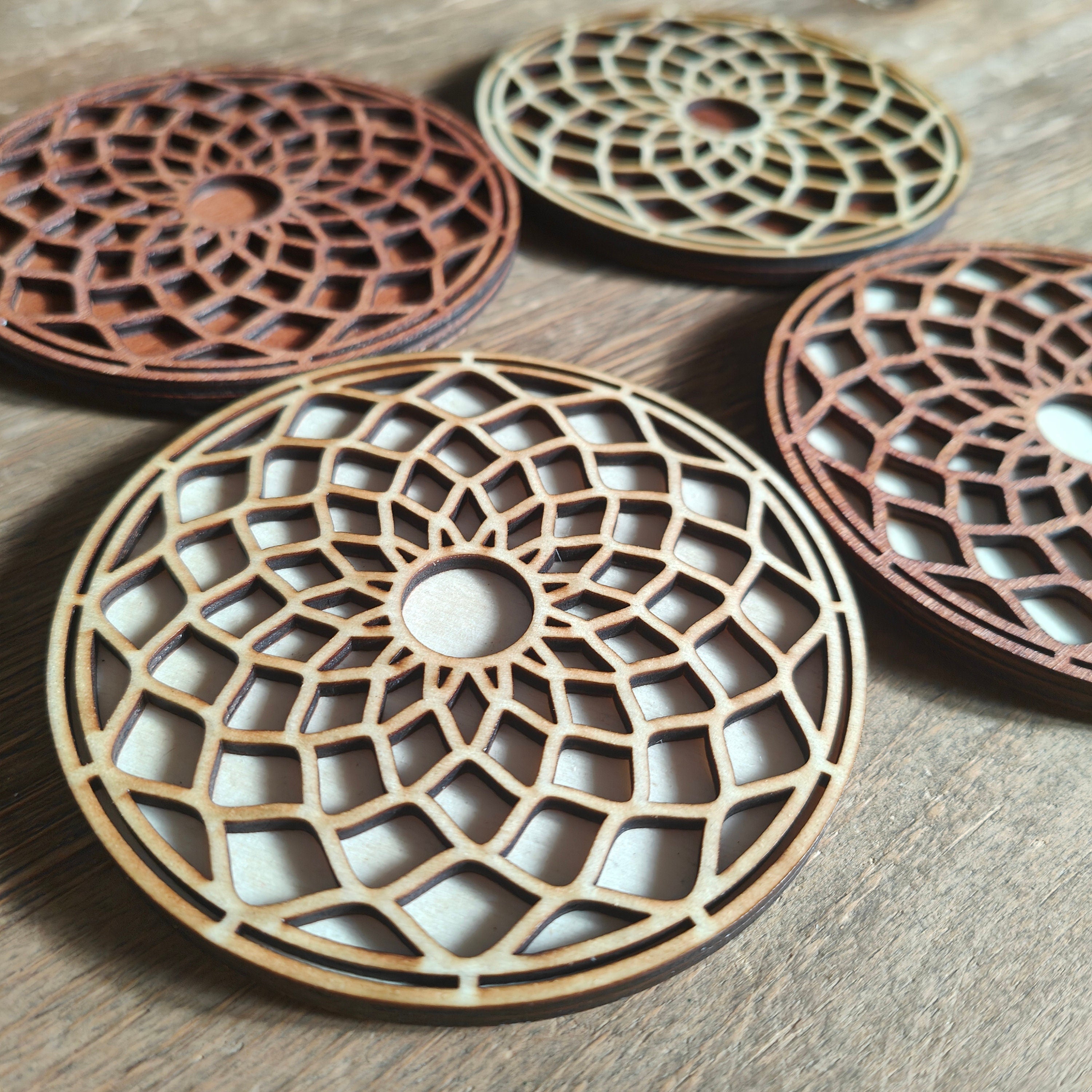 Geometric Mandala Wooden Coasters: Spiritual Home Decor, Set of 4