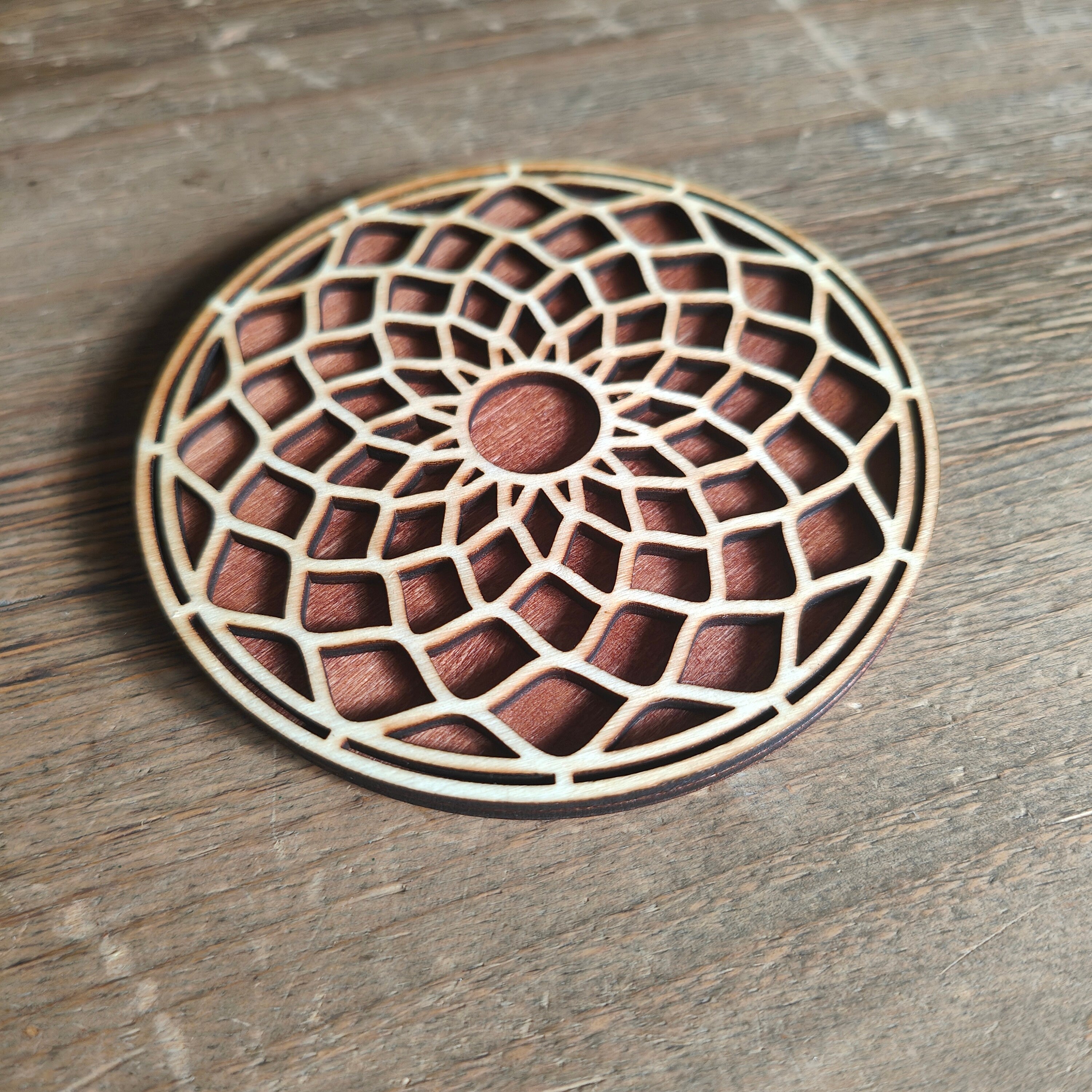 Geometric Mandala Wooden Coasters: Spiritual Home Decor, Set of 4