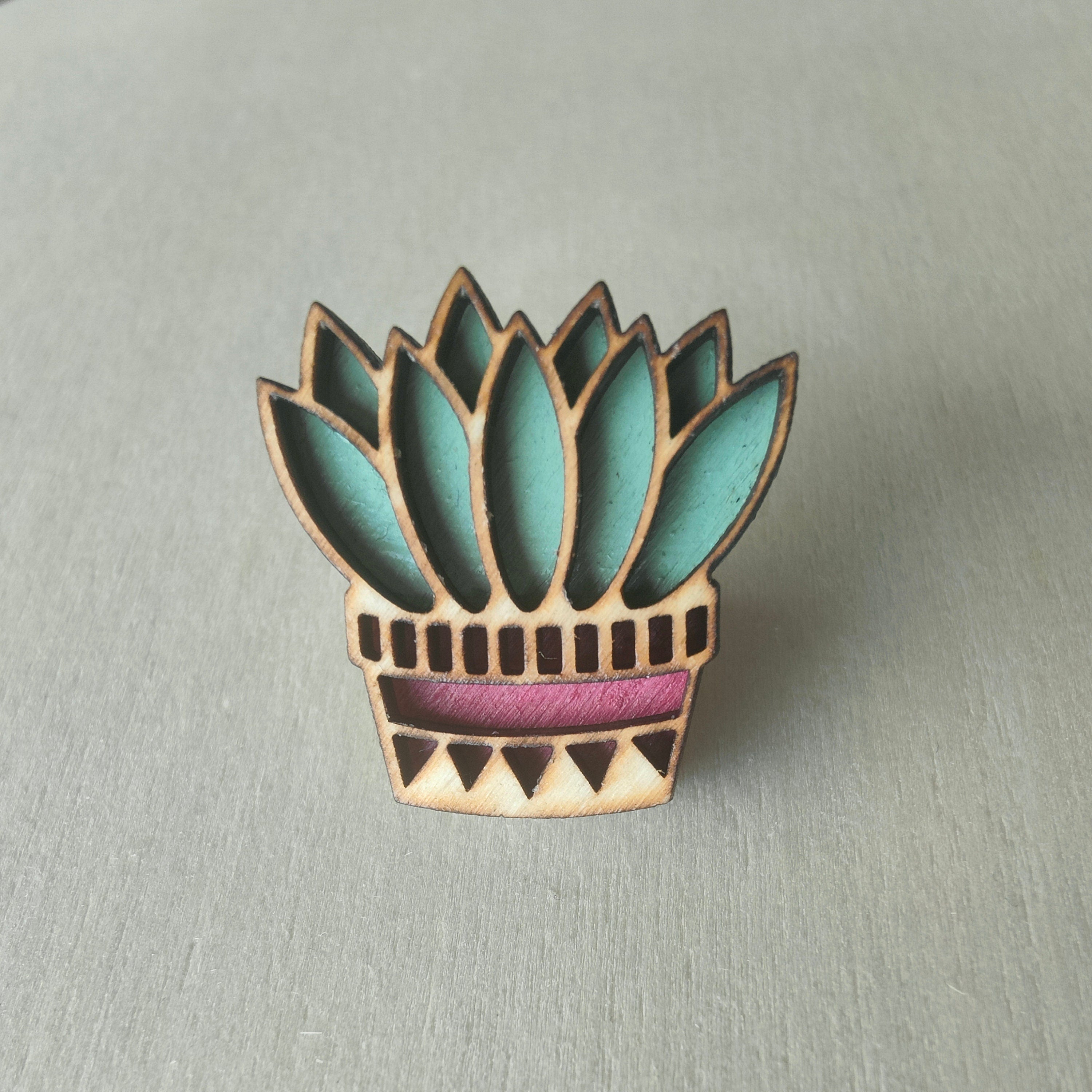 Wooden Succulent Pin: Hand-Painted Plant Brooch
