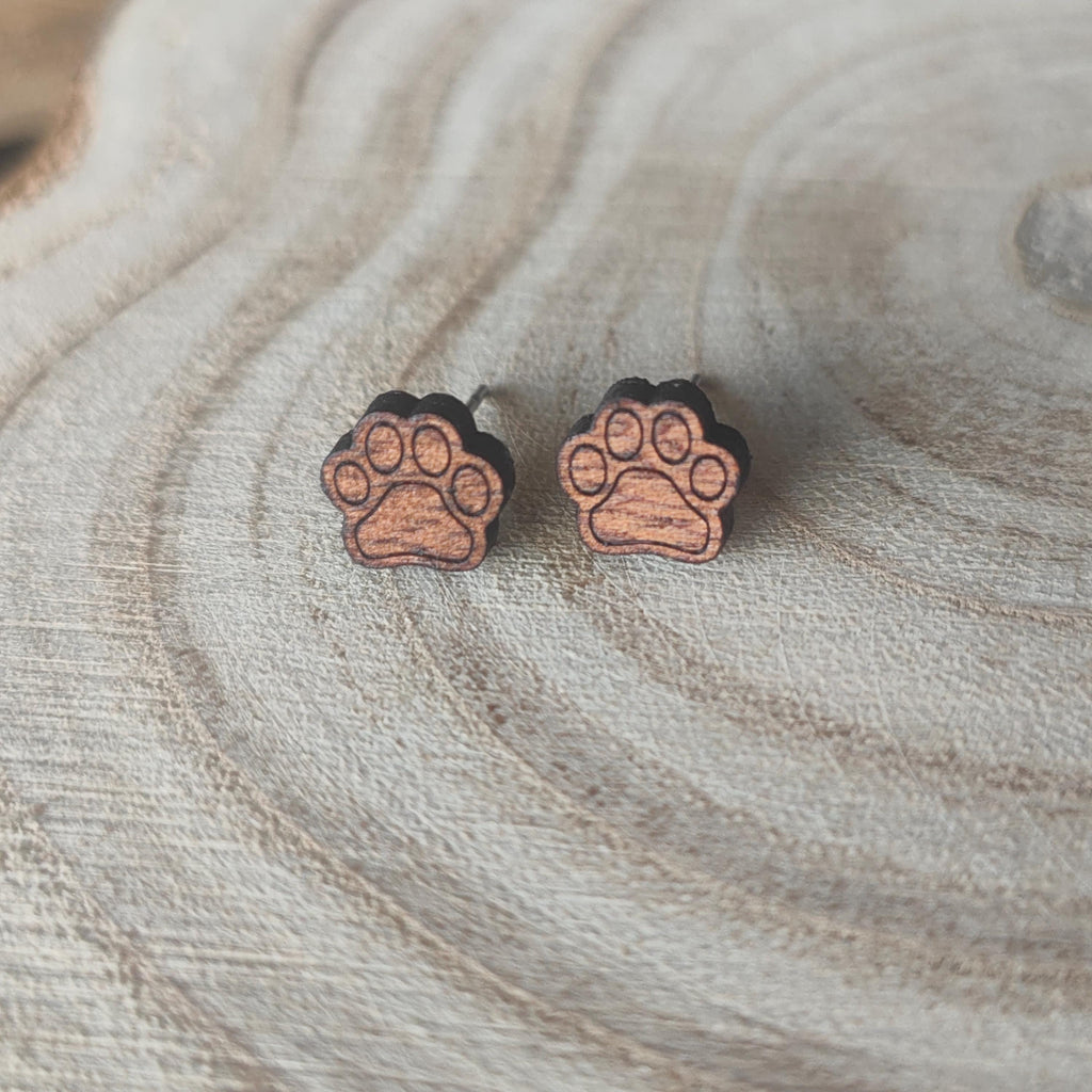 Mahogany Paw Print Stud Earrings: Laser Cut Wooden Jewellery