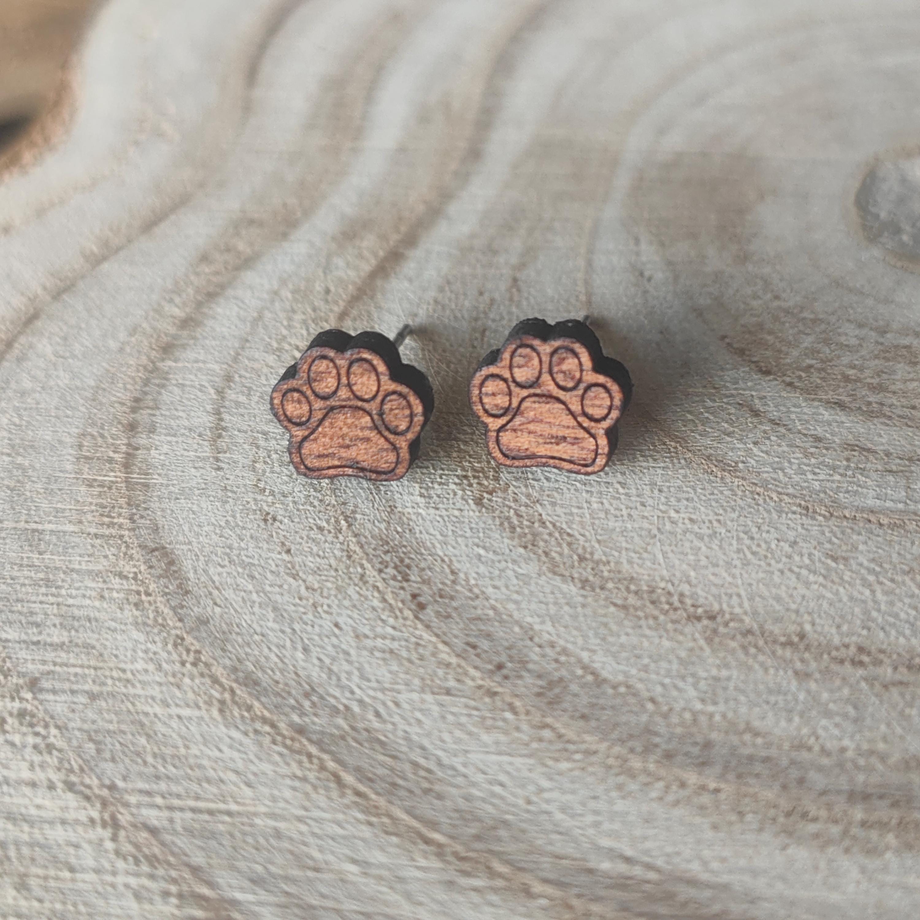 Mahogany Paw Print Stud Earrings: Laser Cut Wooden Jewellery