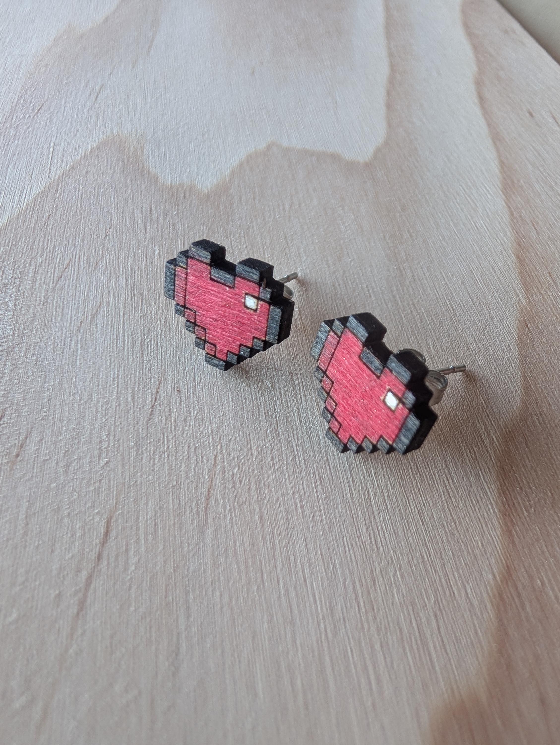 Wooden Pixel Heart Stud Earrings: Gamer Jewellery