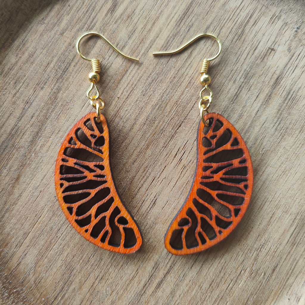 Mandarin Segment Dangle Earrings: Laser Cut Wooden Fruit