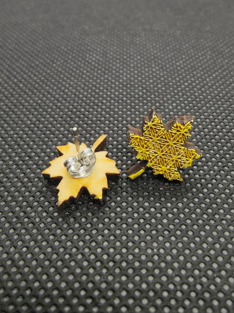 Gold Maple Leaf Earrings: Geometric Laser Engraved Wood Studs