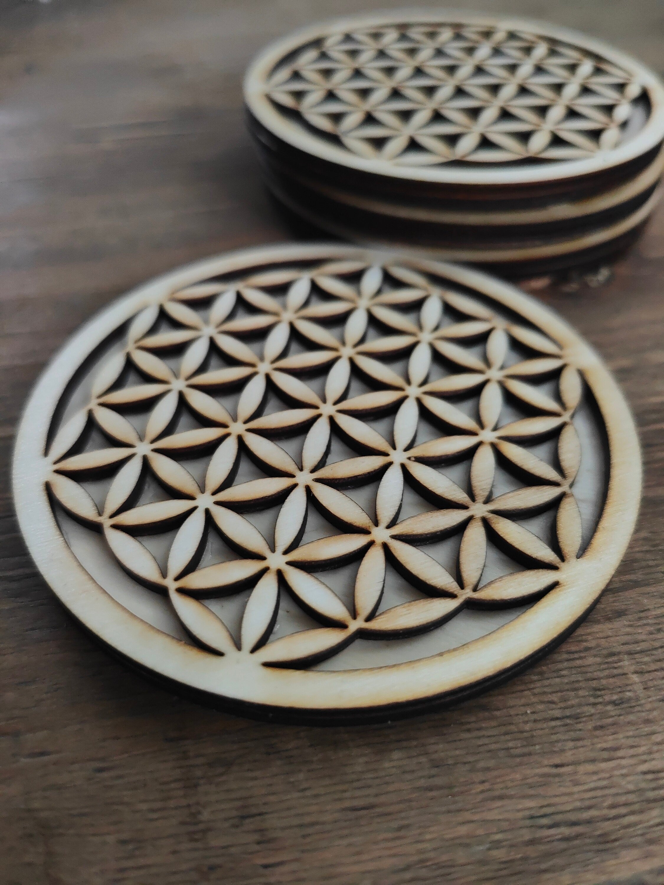 Flower of Life Wooden Coasters: Geometric Laser Engraved Set of 4