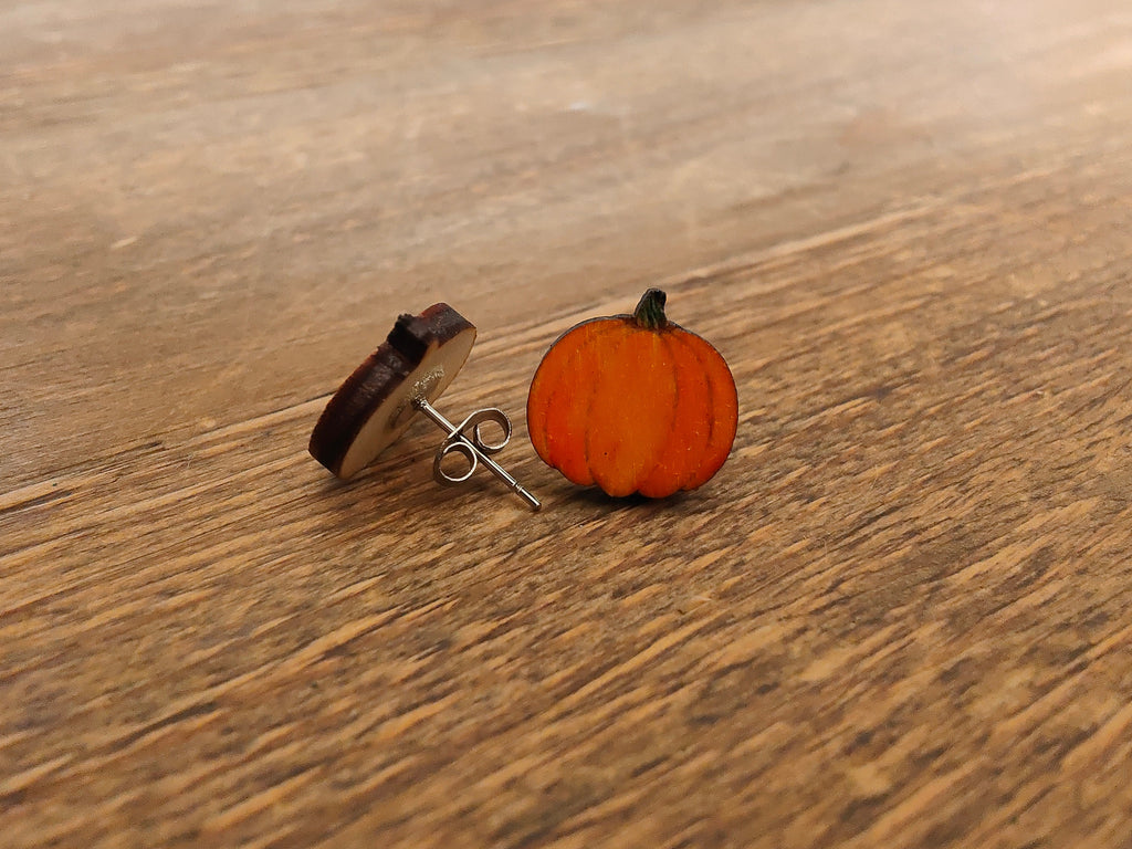 Laser Engraved Wooden Pumpkin Stud Earrings, Halloween Jewellery