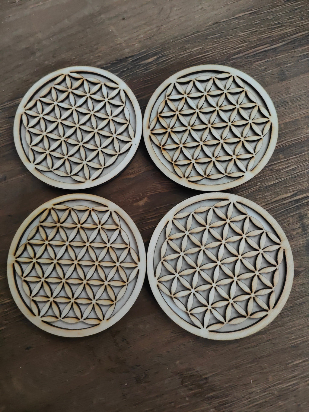 Flower of Life Wooden Coasters: Geometric Laser Engraved Set of 4