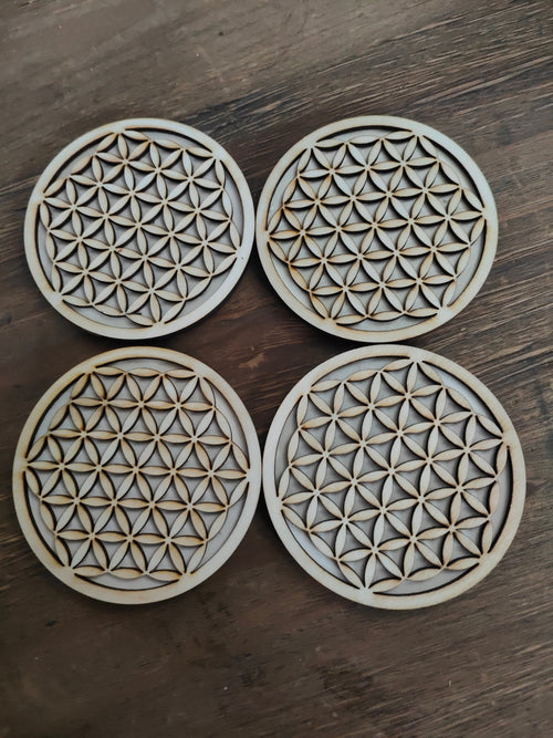 Flower of Life Wooden Coasters: Geometric Laser Engraved Set of 4