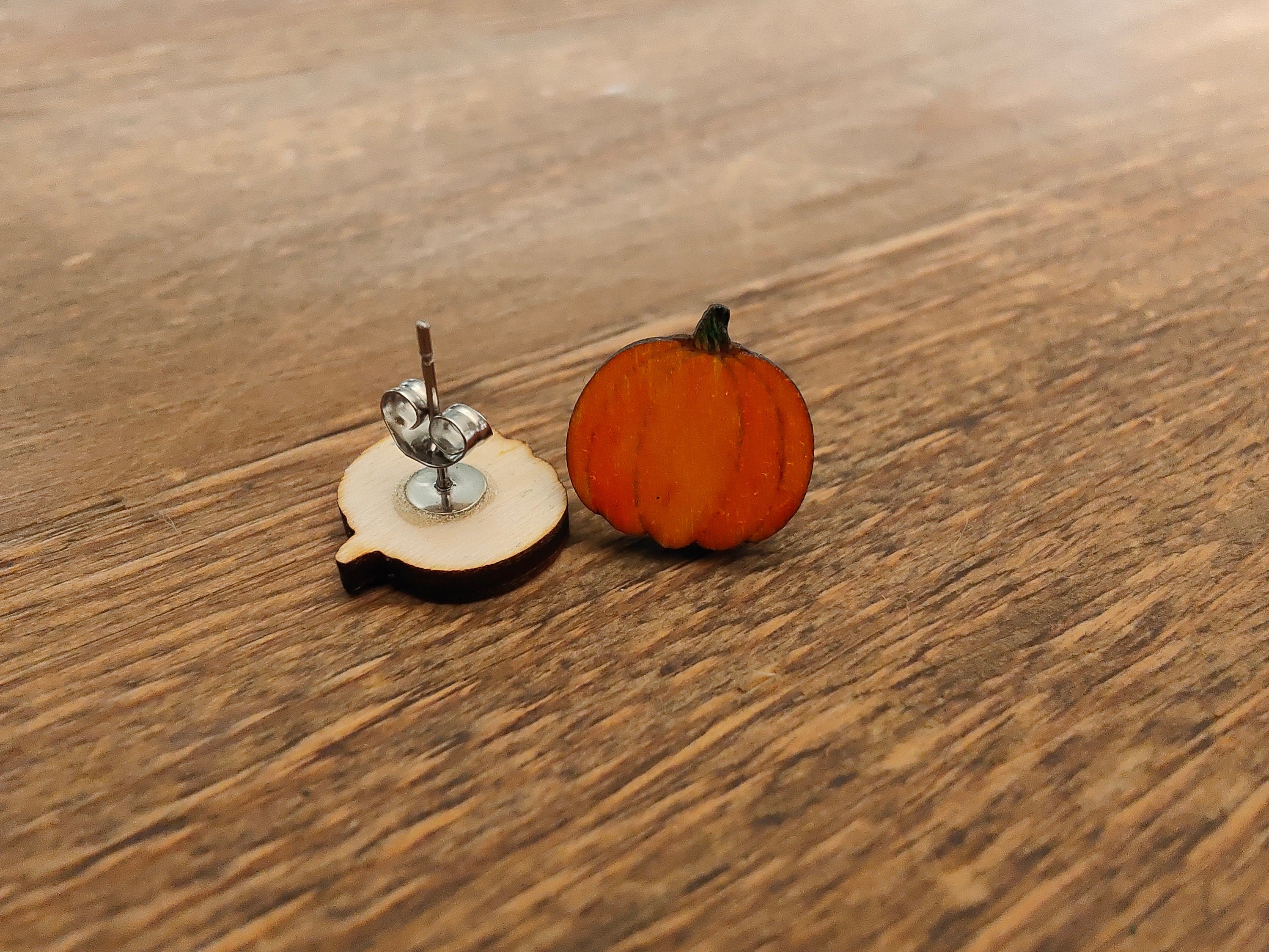 Laser Engraved Wooden Pumpkin Stud Earrings, Halloween Jewellery
