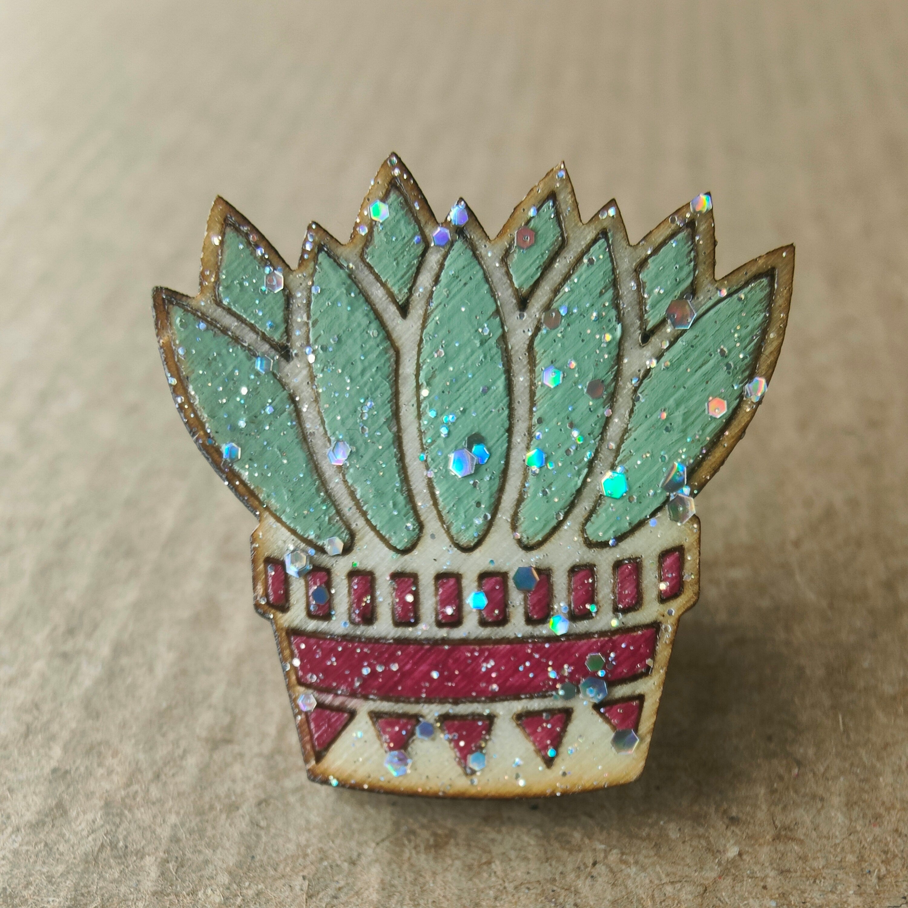 Hand Painted Glitter Succulent Pin, Wooden Plant Brooch