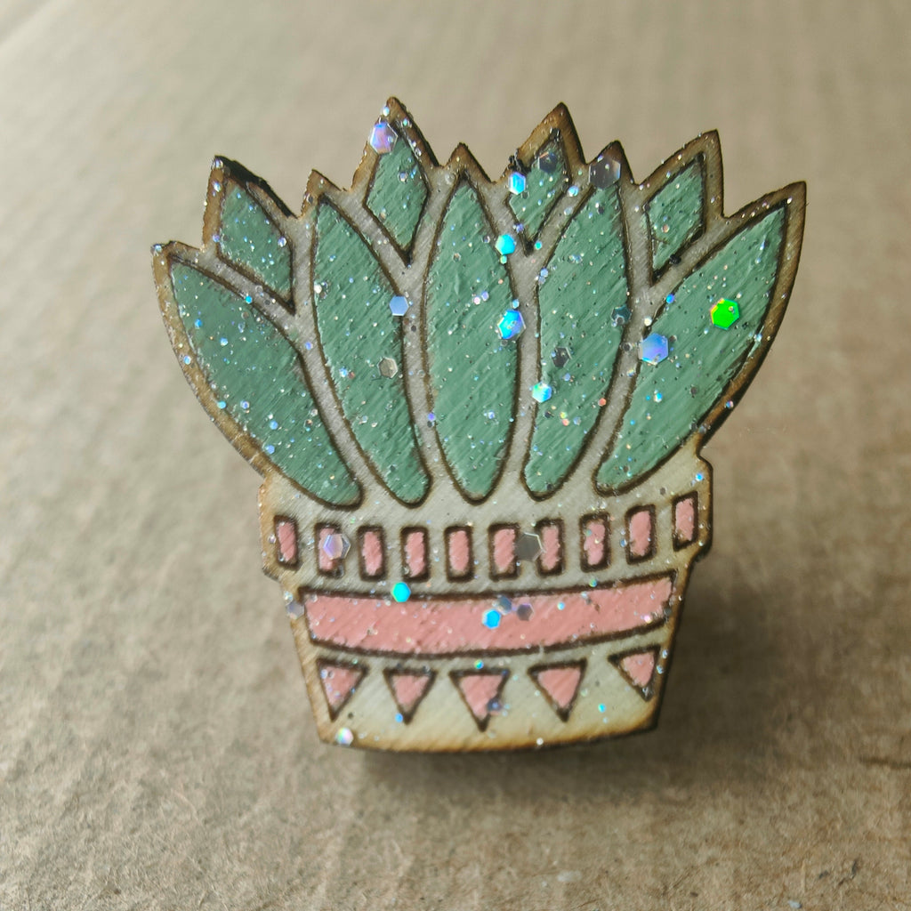 Hand Painted Glitter Succulent Pin, Wooden Plant Brooch