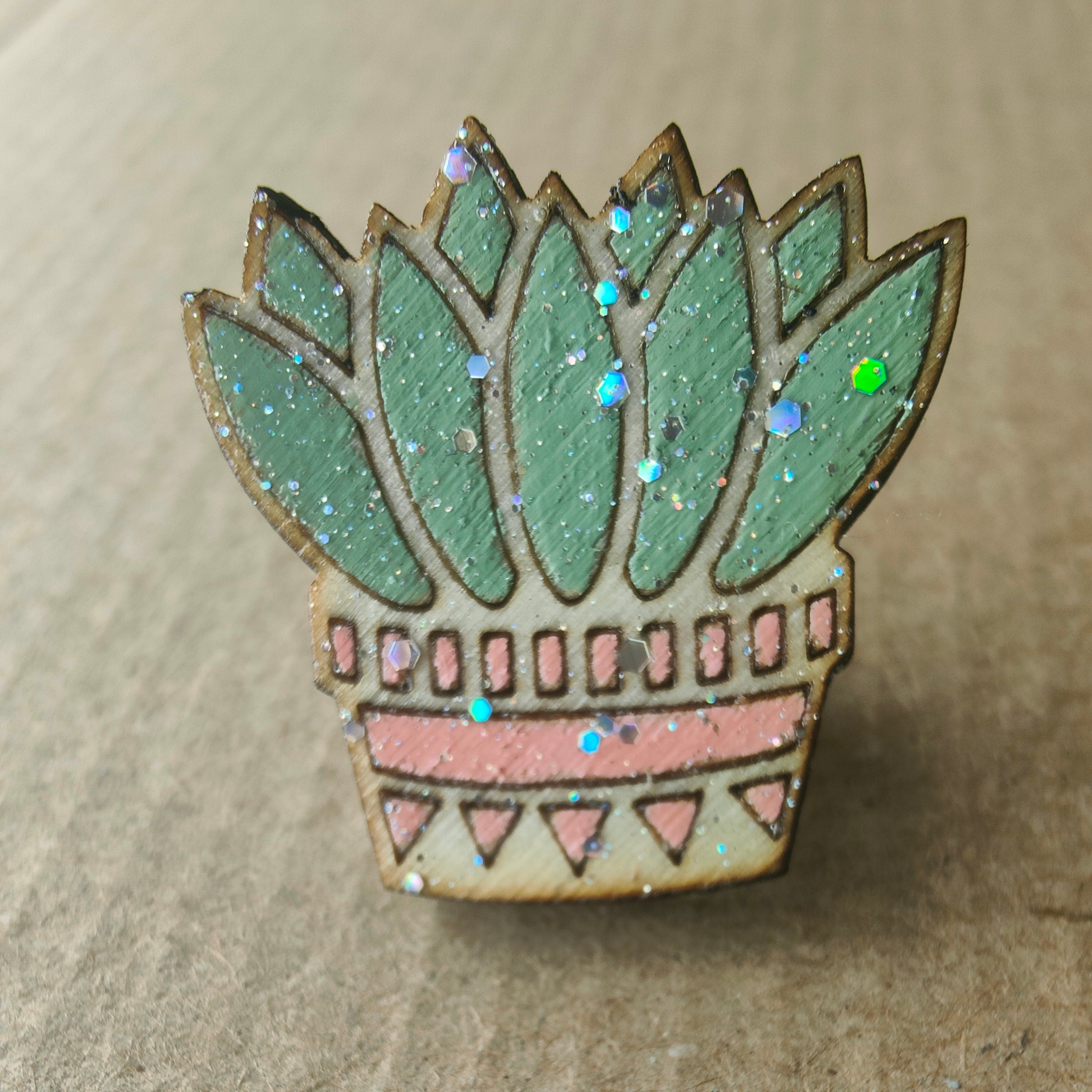Hand Painted Glitter Succulent Pin, Wooden Plant Brooch