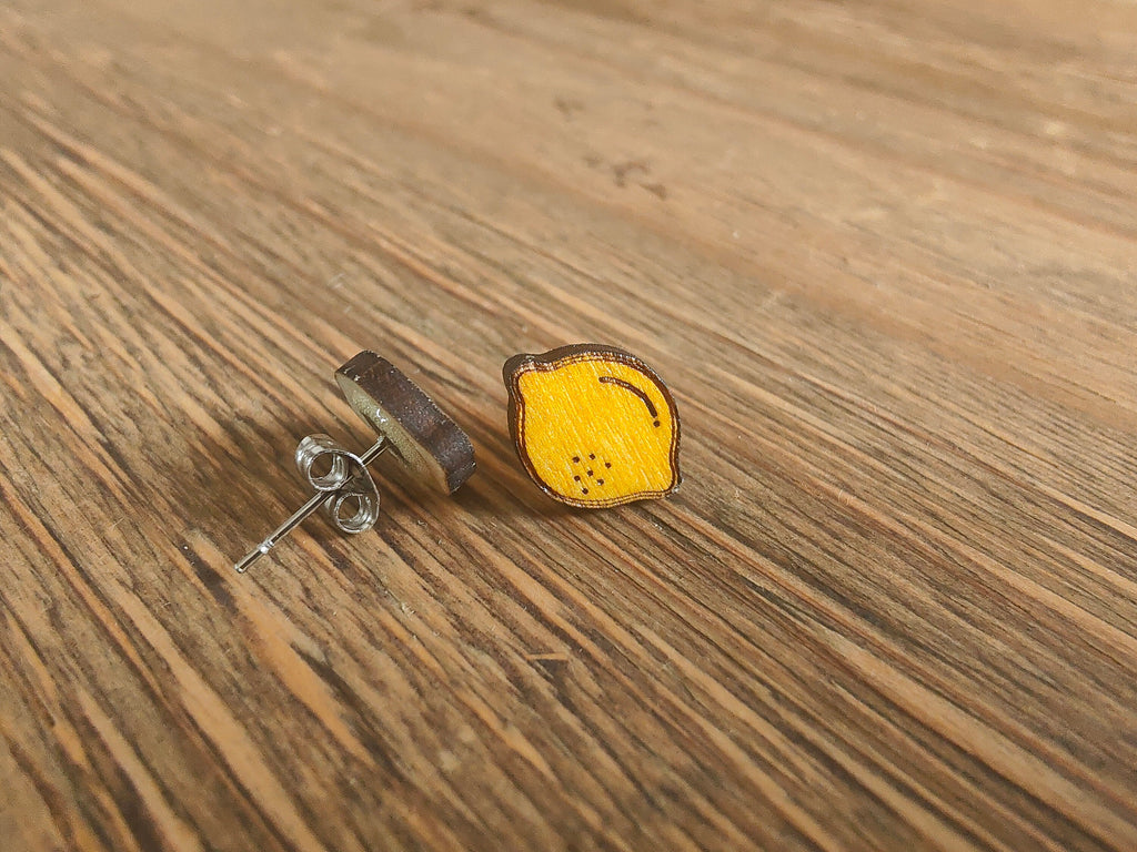 Wooden Lemon Stud Earrings: Hand-Painted Summer Jewellery