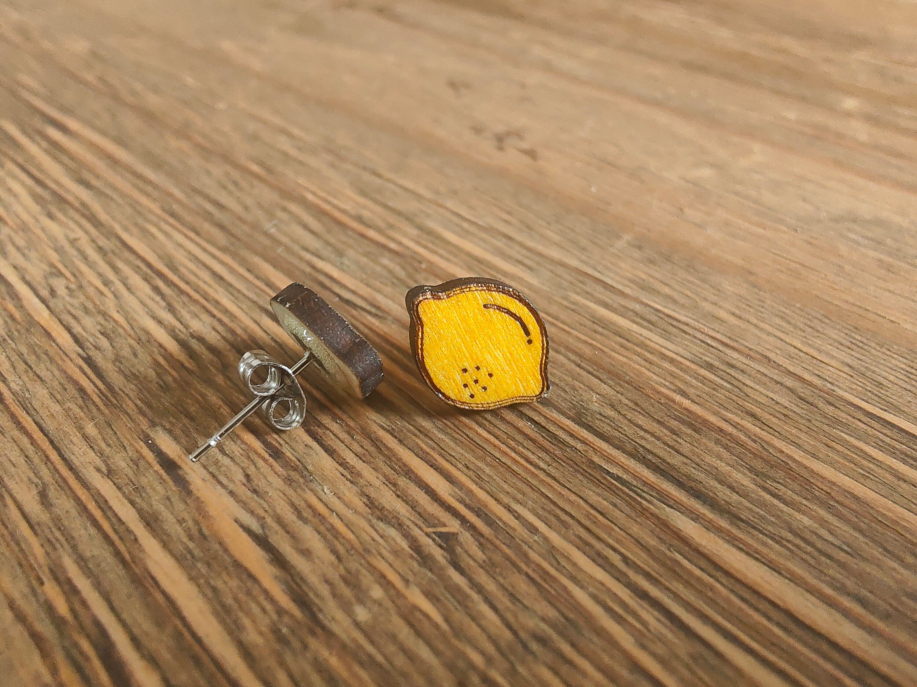 Wooden Lemon Stud Earrings: Hand-Painted Summer Jewellery