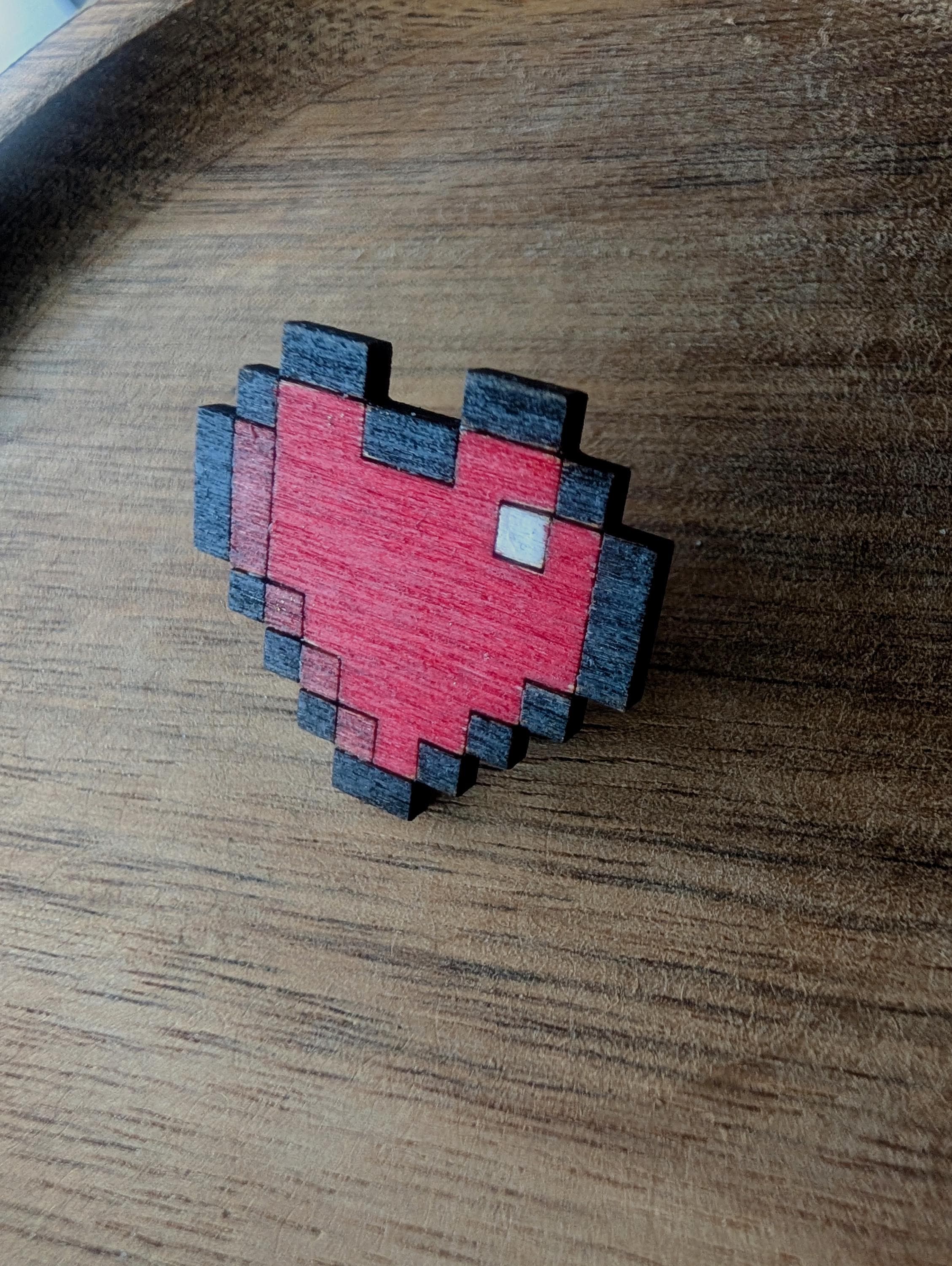 Wooden Pixel Heart Pin Badge: Retro Gamer Gift