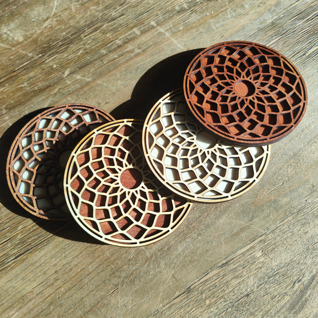 Geometric Mandala Wooden Coasters: Spiritual Home Decor, Set of 4