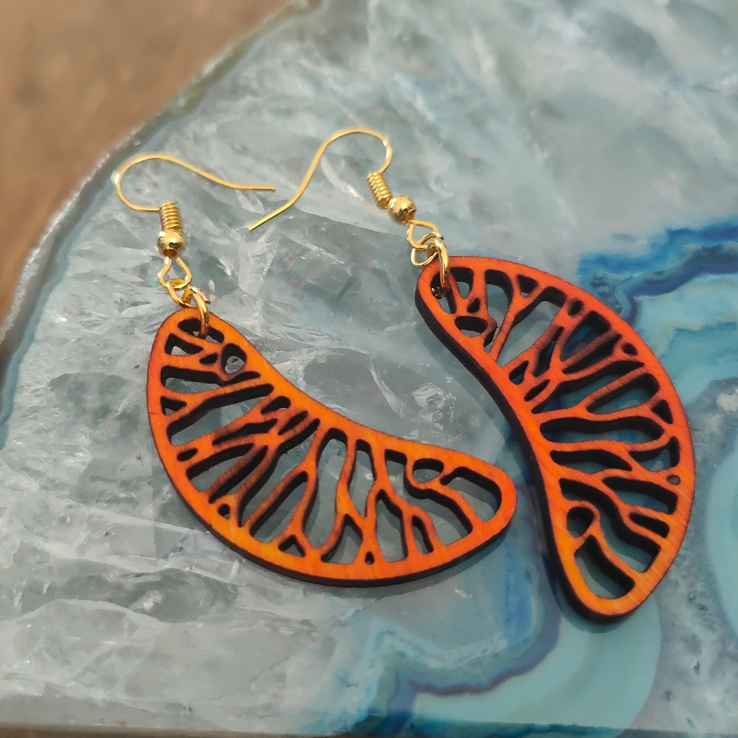 Mandarin Segment Dangle Earrings: Laser Cut Wooden Fruit