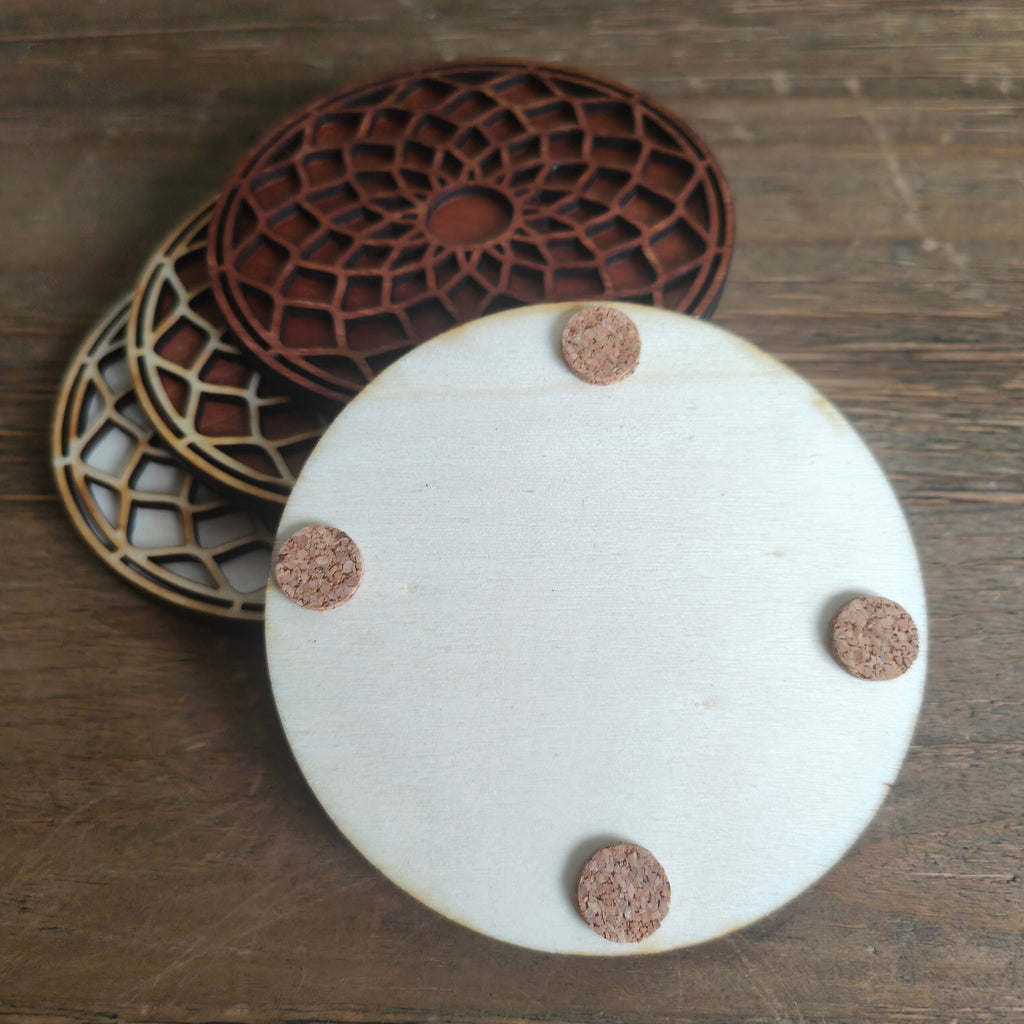 Geometric Mandala Wooden Coasters: Spiritual Home Decor, Set of 4