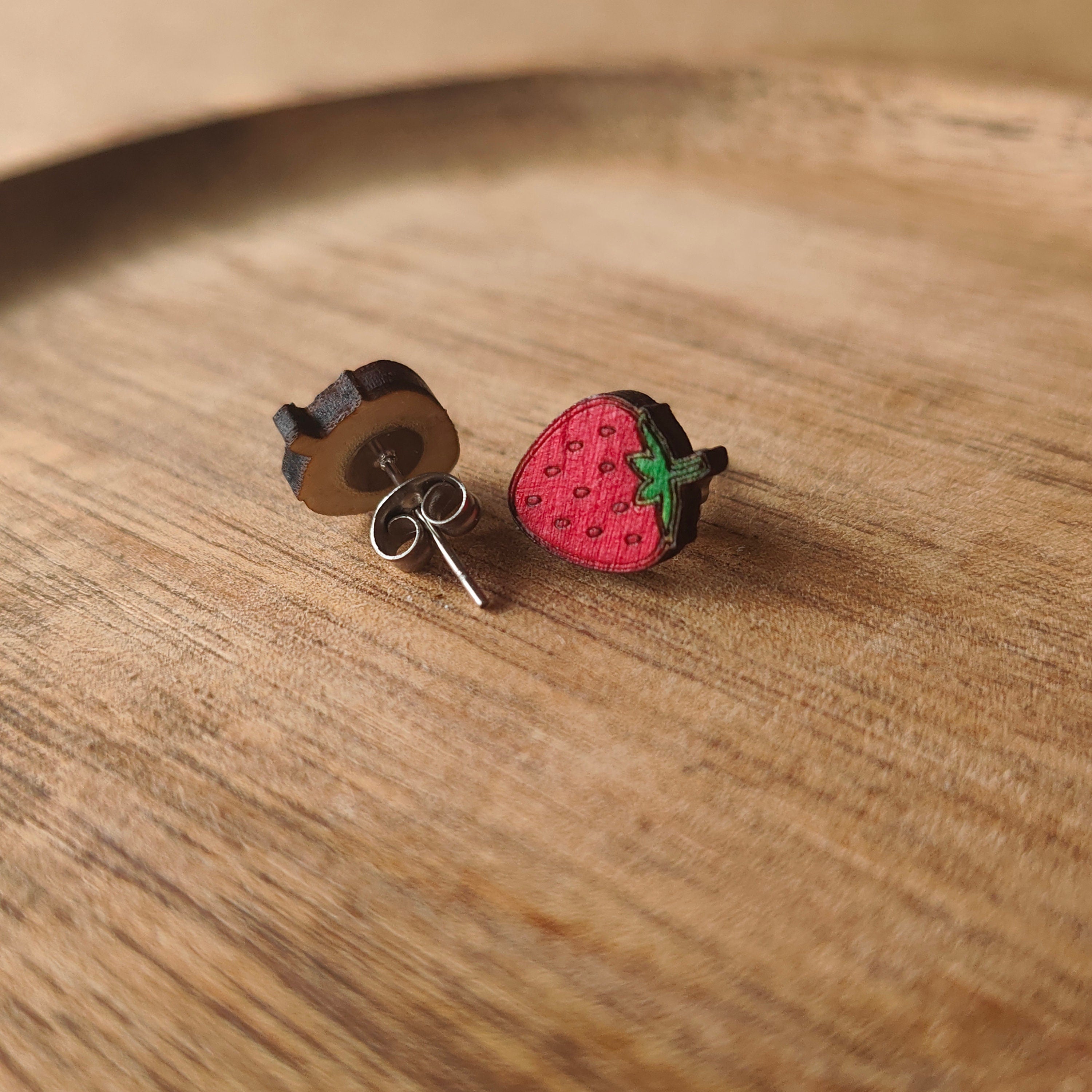 Wooden Strawberry Stud Earrings: Red Fruit Jewellery