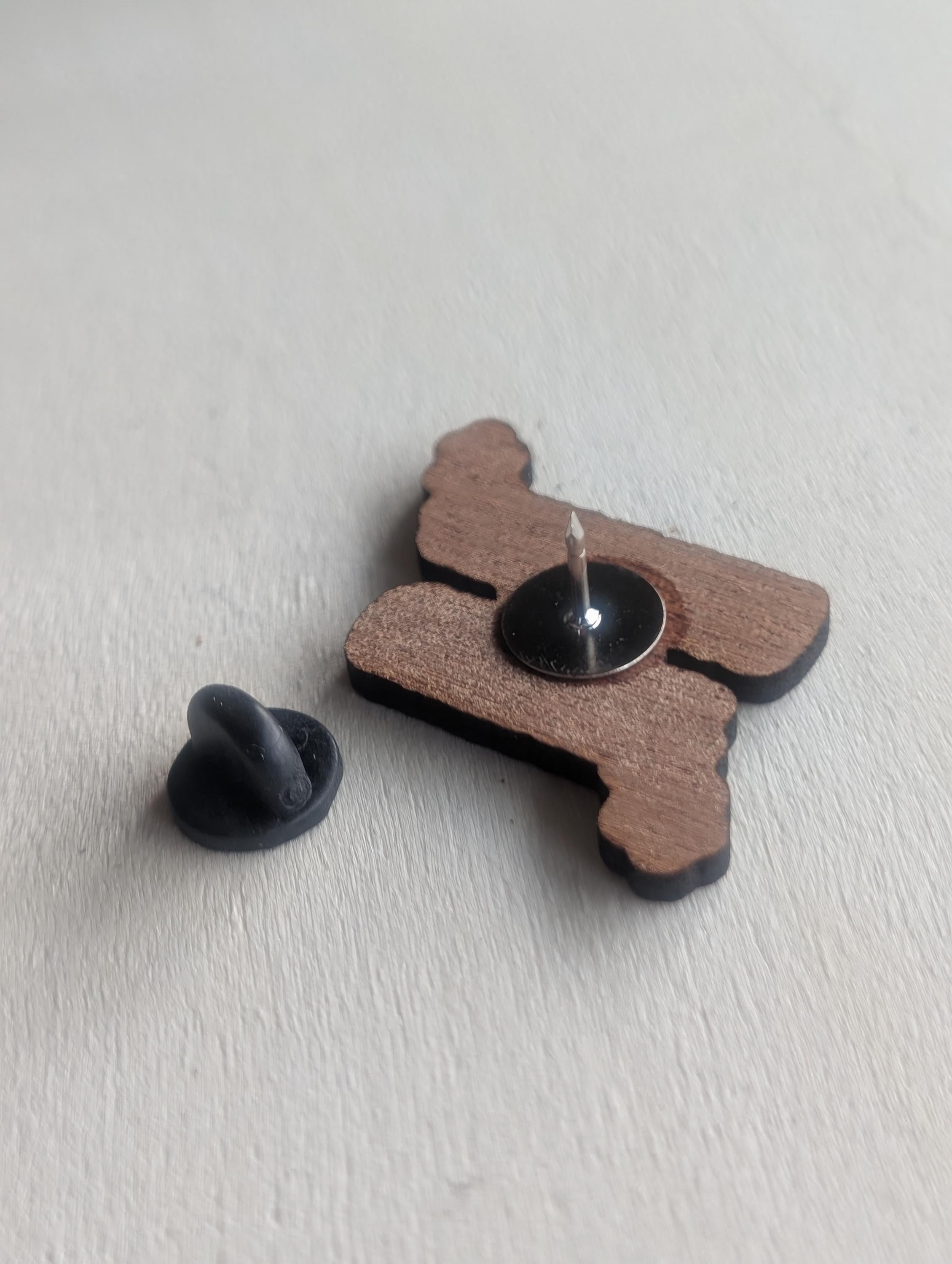 Mahogany overworked and underpaid wooden pin badge, funny badges