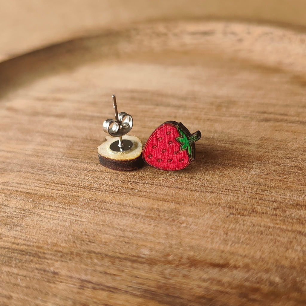 Wooden Strawberry Stud Earrings: Red Fruit Jewellery