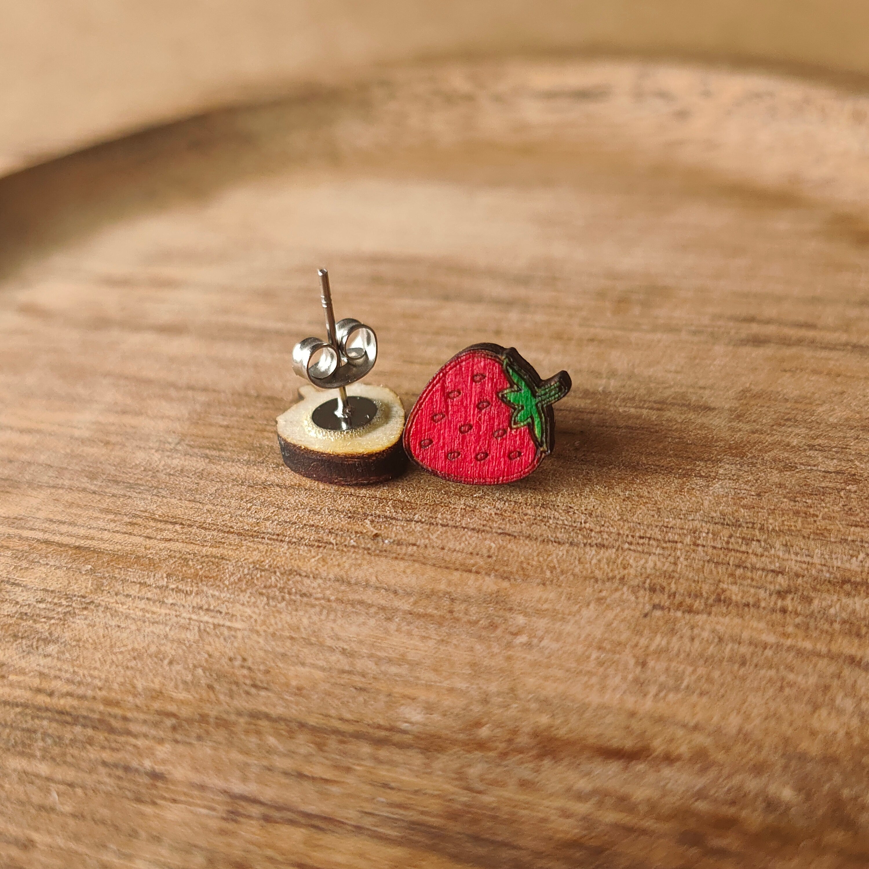 Wooden Strawberry Stud Earrings: Red Fruit Jewellery