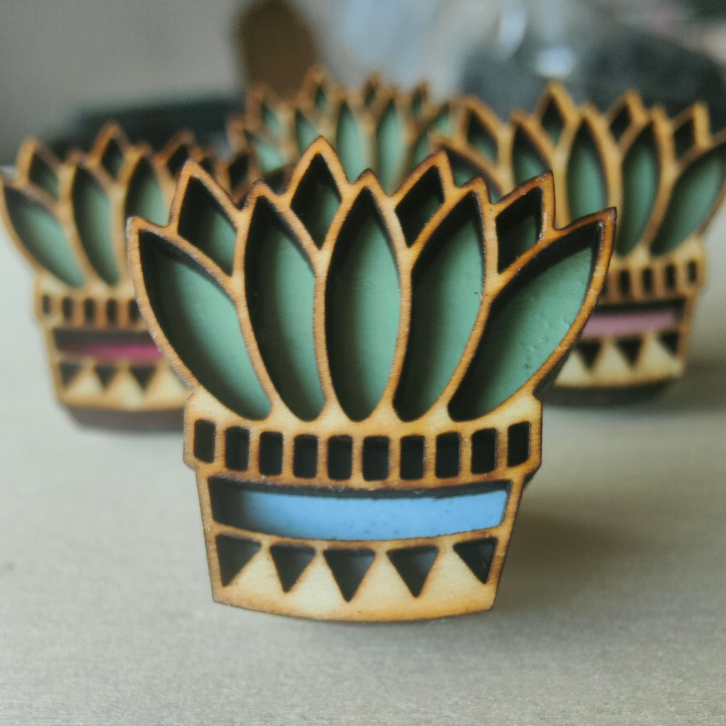 Wooden Succulent Pin: Hand-Painted Plant Brooch