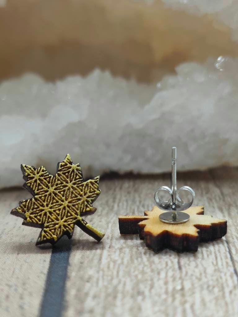 Gold Maple Leaf Earrings: Geometric Laser Engraved Wood Studs