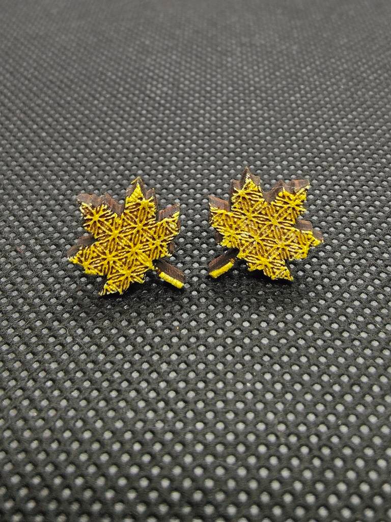 Gold Maple Leaf Earrings: Geometric Laser Engraved Wood Studs