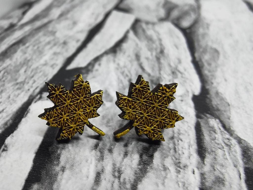 Gold Maple Leaf Earrings: Geometric Laser Engraved Wood Studs