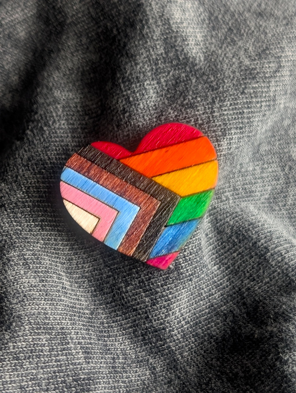 Wooden heart progress pride flag pin badge, LGBTQ+