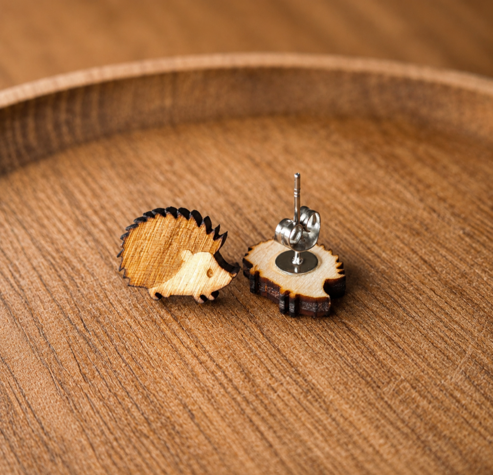 Wooden Hedgehog Stud Earrings, Wildlife Jewellery