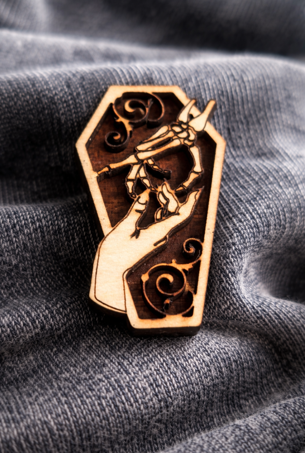 Gothic Coffin Pin Badge with Skeletal Hand Design Wooden Laser Engraved Brooch