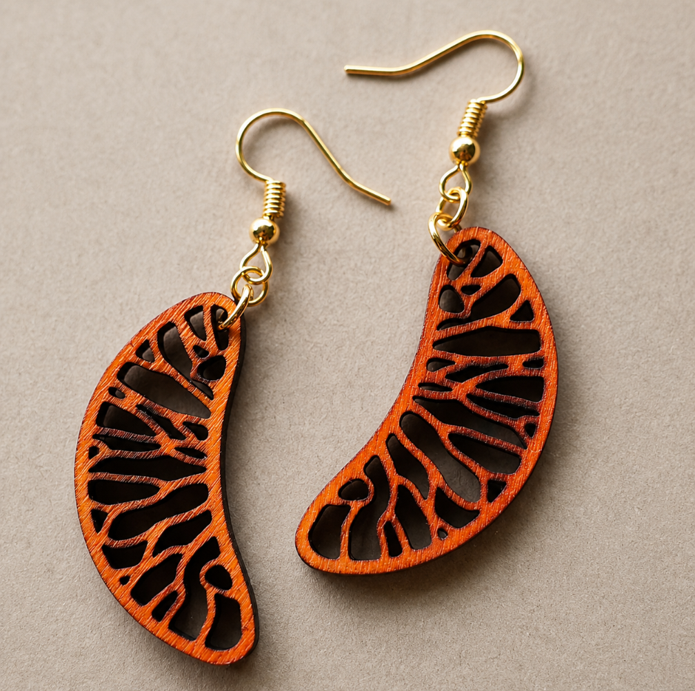 Mandarin Segment Dangle Earrings: Laser Cut Wooden Fruit