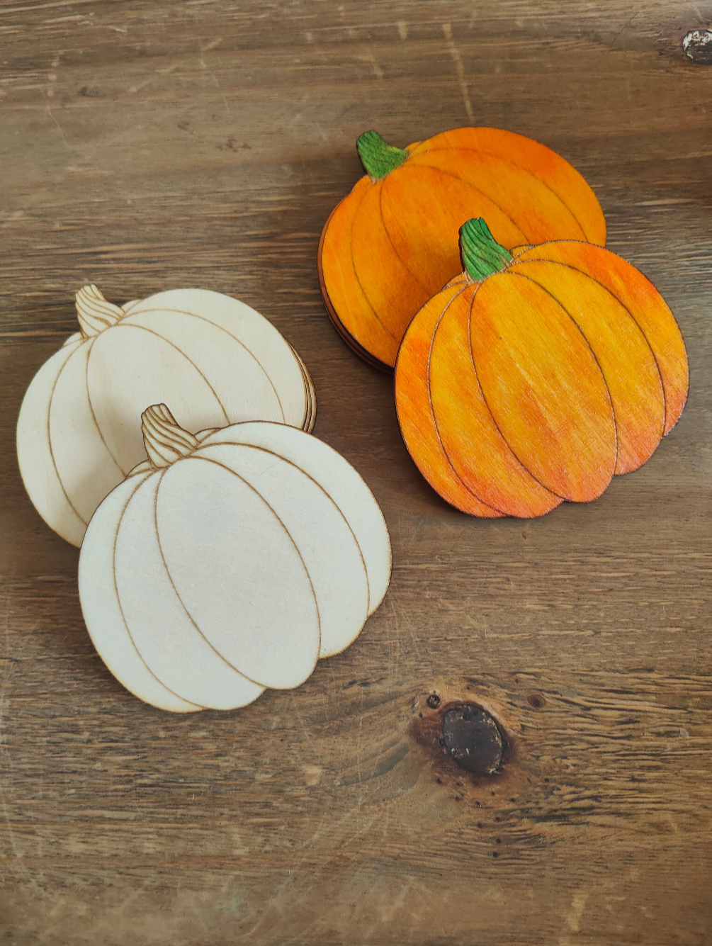 Wooden Pumpkin Coasters, Autumn Halloween Decor, Set of 4