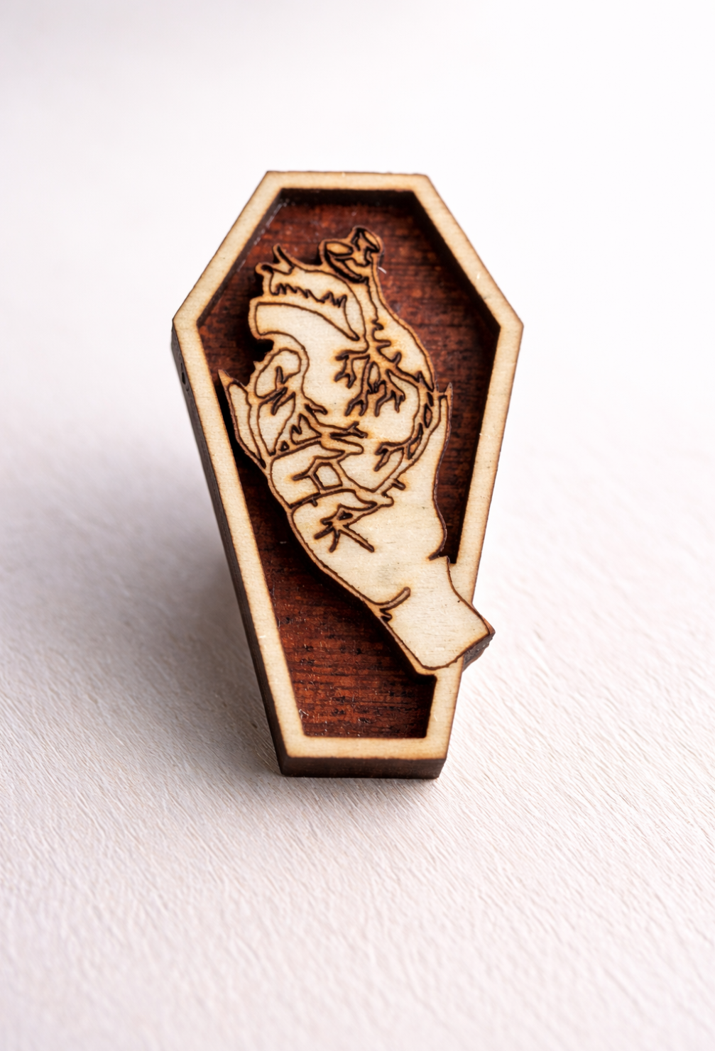 Gothic Coffin Pin Badge With Hand Holding Heart Design Wooden Laser Engraved