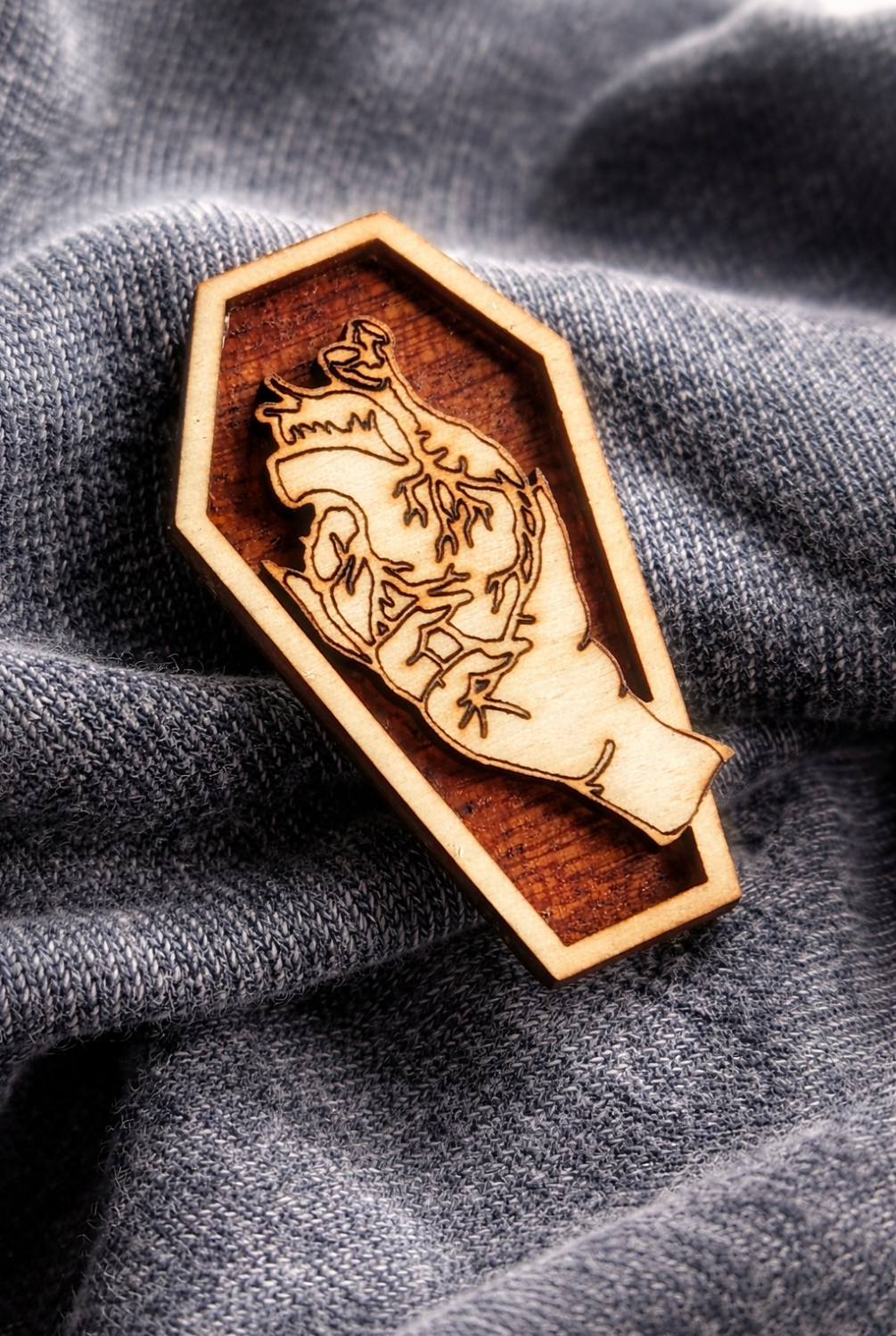 Gothic Coffin Pin Badge With Hand Holding Heart Design Wooden Laser Engraved