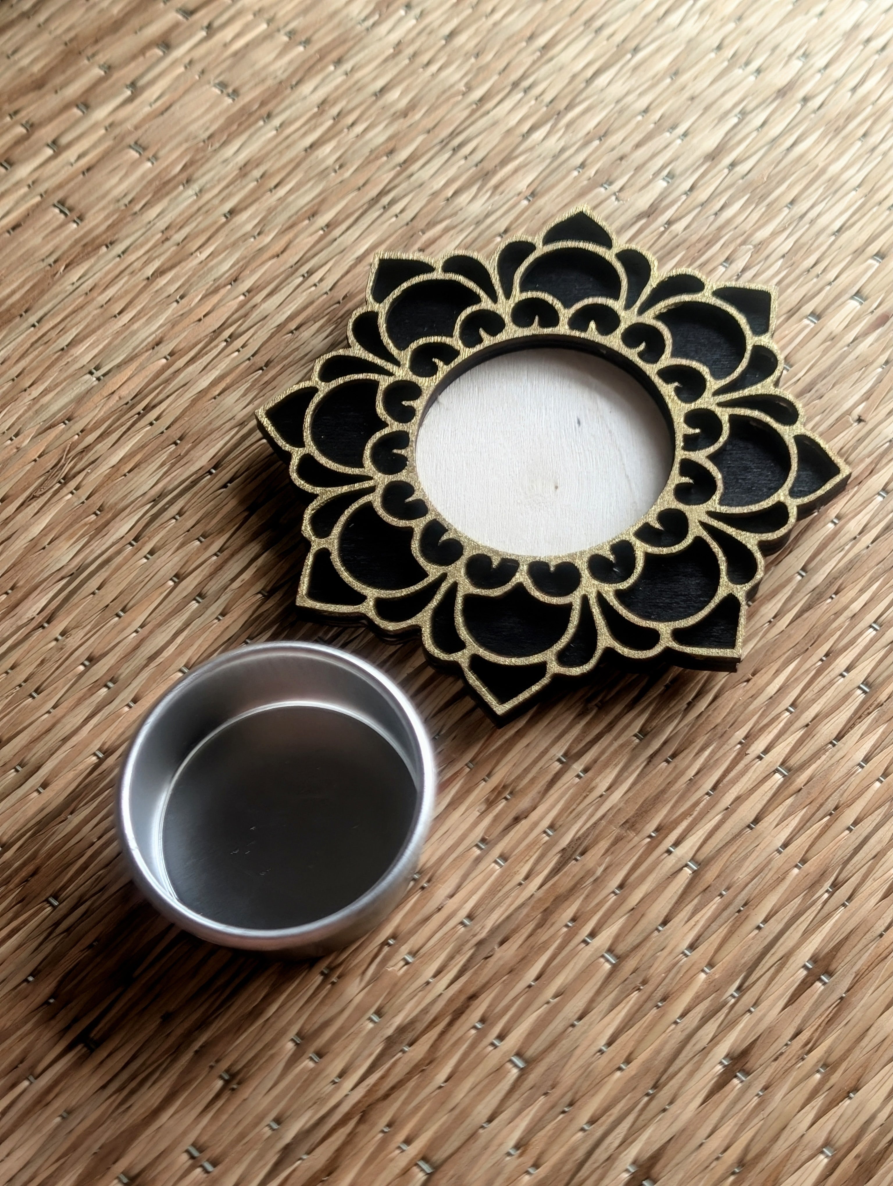 Black and gold wooden mandala tea light candle holder