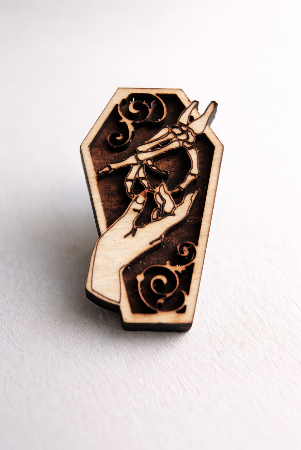 Gothic Coffin Pin Badge with Skeletal Hand Design Wooden Laser Engraved Brooch
