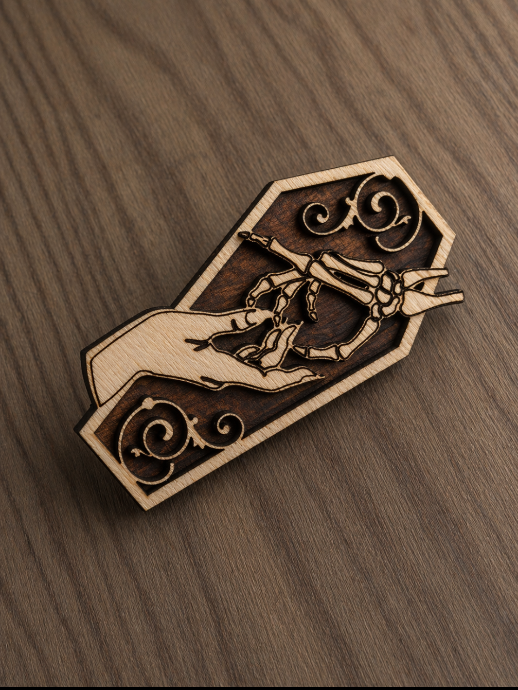 Gothic Coffin Pin Badge with Skeletal Hand Design Wooden Laser Engraved Brooch