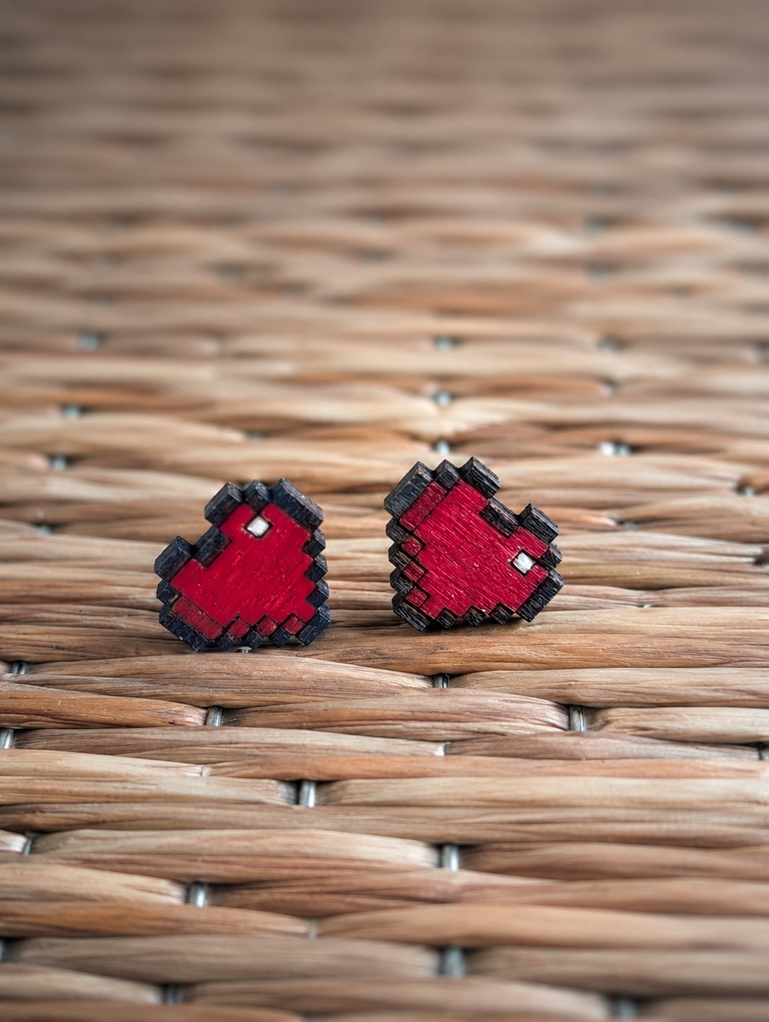 Wooden Pixel Heart Stud Earrings: Gamer Jewellery