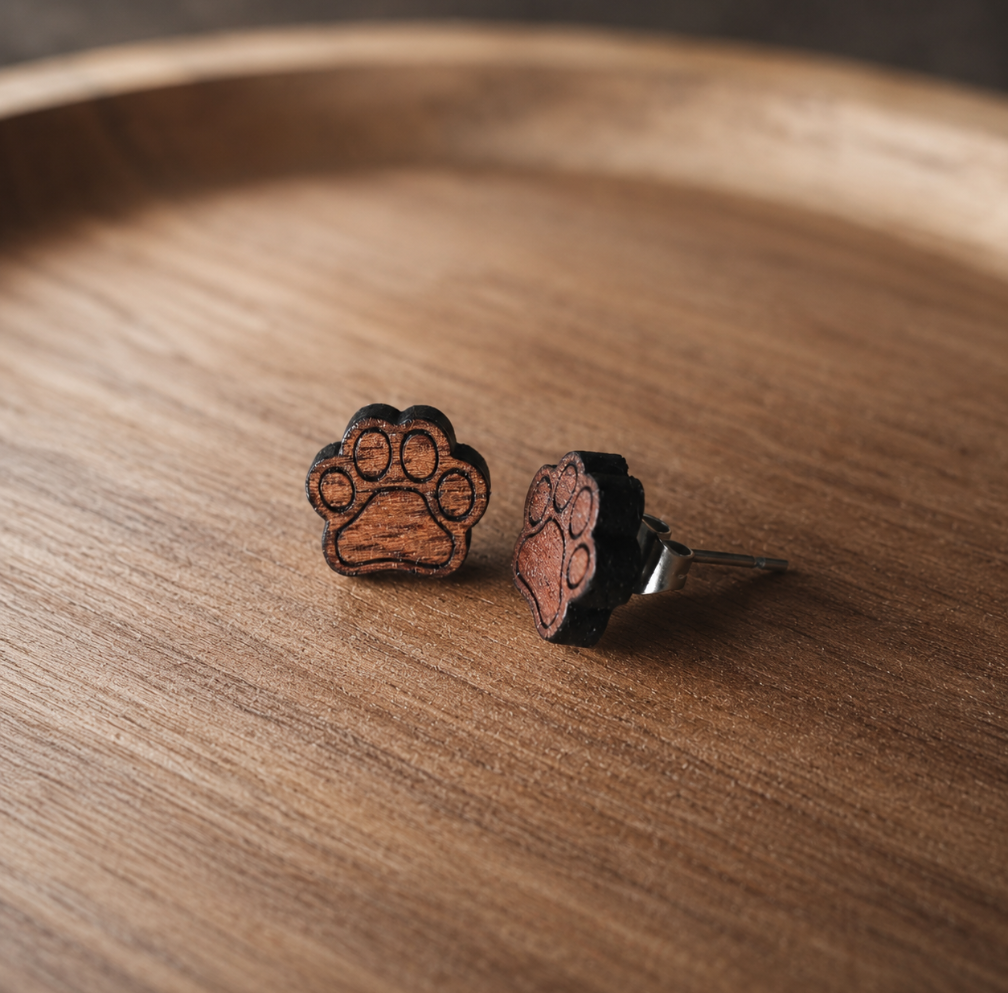 Mahogany Paw Print Stud Earrings: Laser Cut Wooden Jewellery